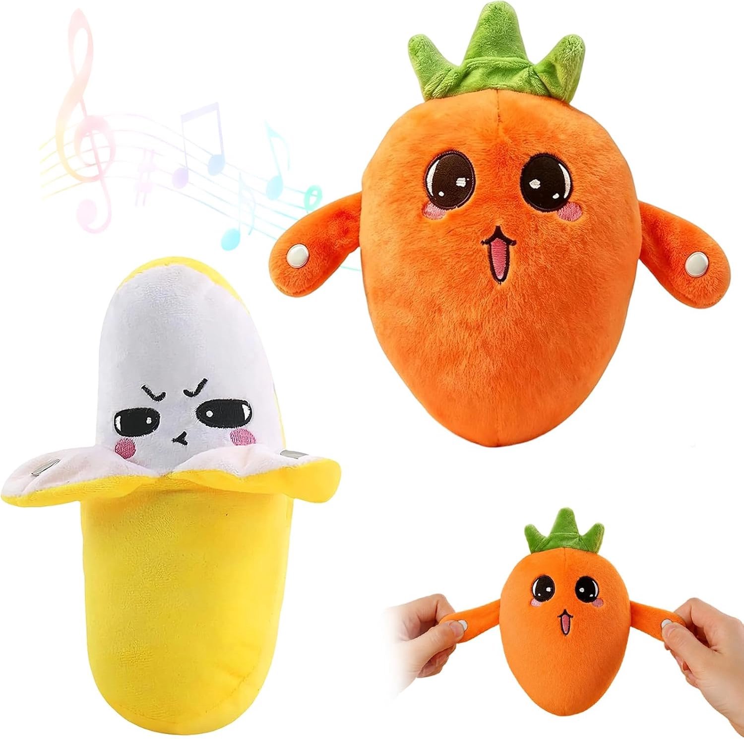 Muzikaal pluche speelgoed met geluiden, 2 stuks aanraaksensor, zacht interactieve figuur, aanraakgevoelig banaan pluche speelgoed, interactieve muziek pluche dier, wortel pluche