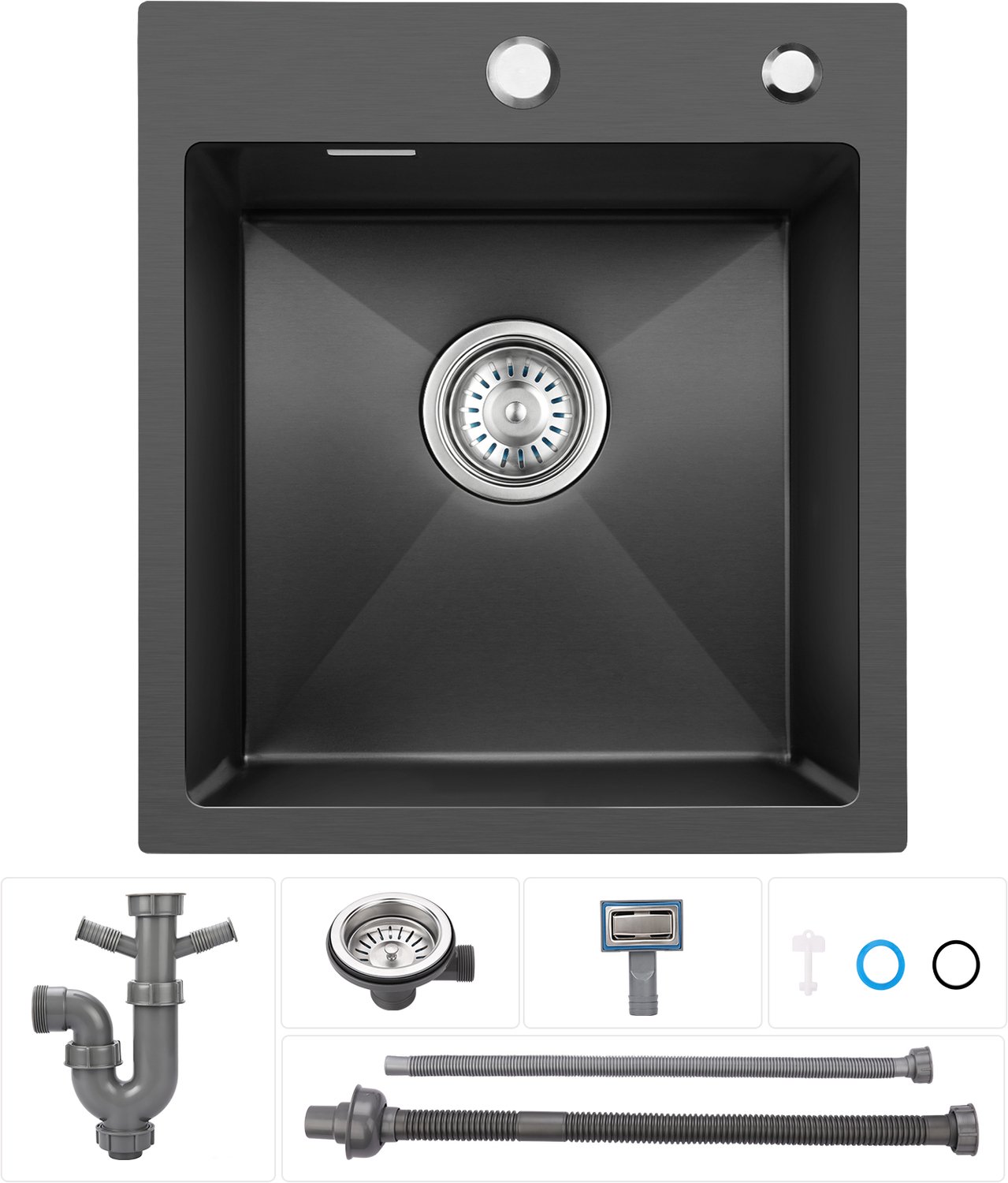 LOVHAUS Spoelbak Keuken RVS 45x40 cm - Antracietgrijs - Enkele Spoelbak - 2 Kraangaten - Met Overloop