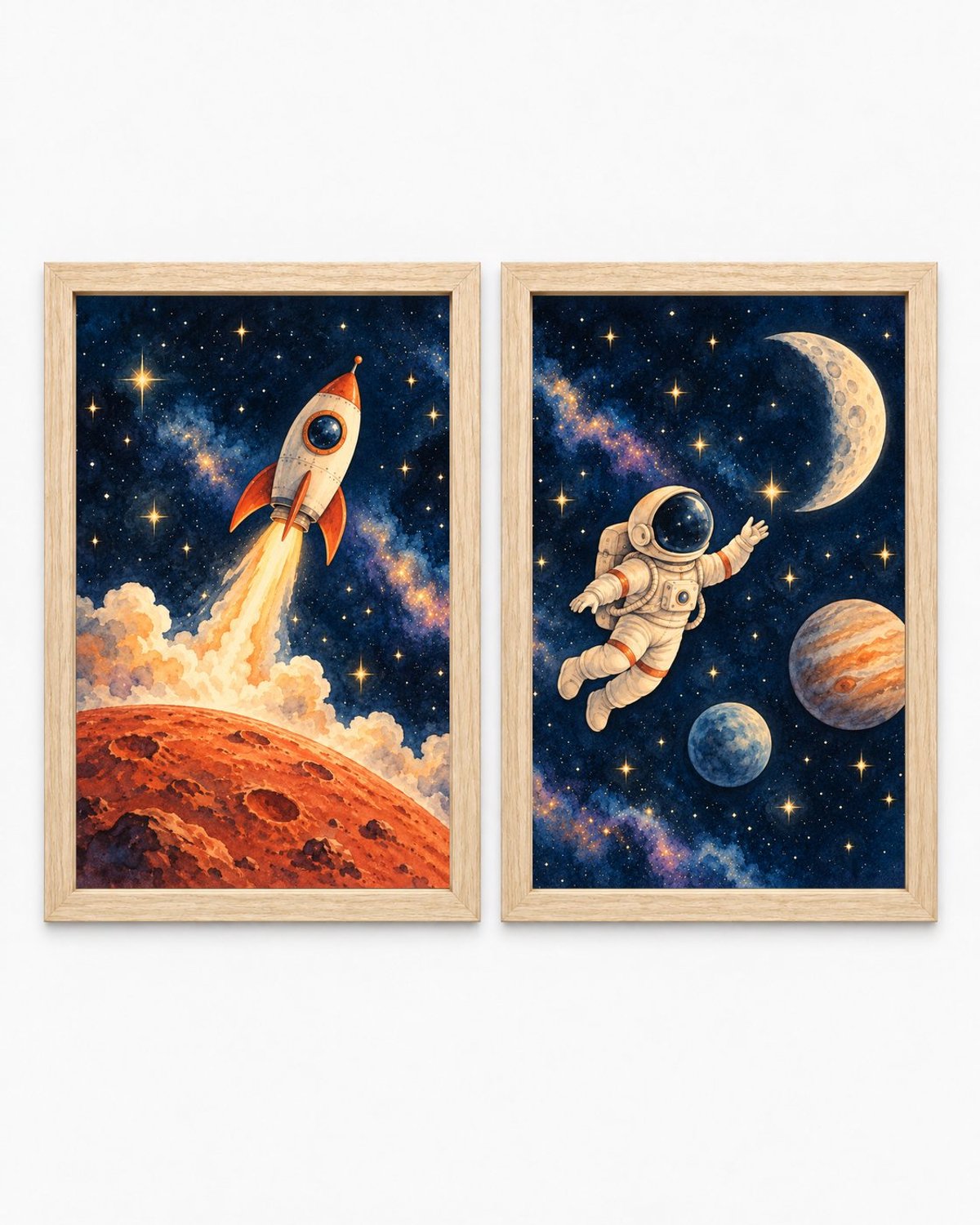 Ruimte Poster Kinderkamer Tweeluik | Astronaut & Raket | Inclusief 2 Lichtbruine A4 Lijsten
