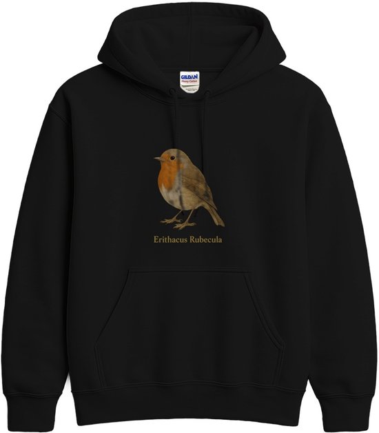 Zwarte hoodie met opdruk van een roodborstje (Erithacus Rubecula) en de tekst 'Erithacus Rubecula'.