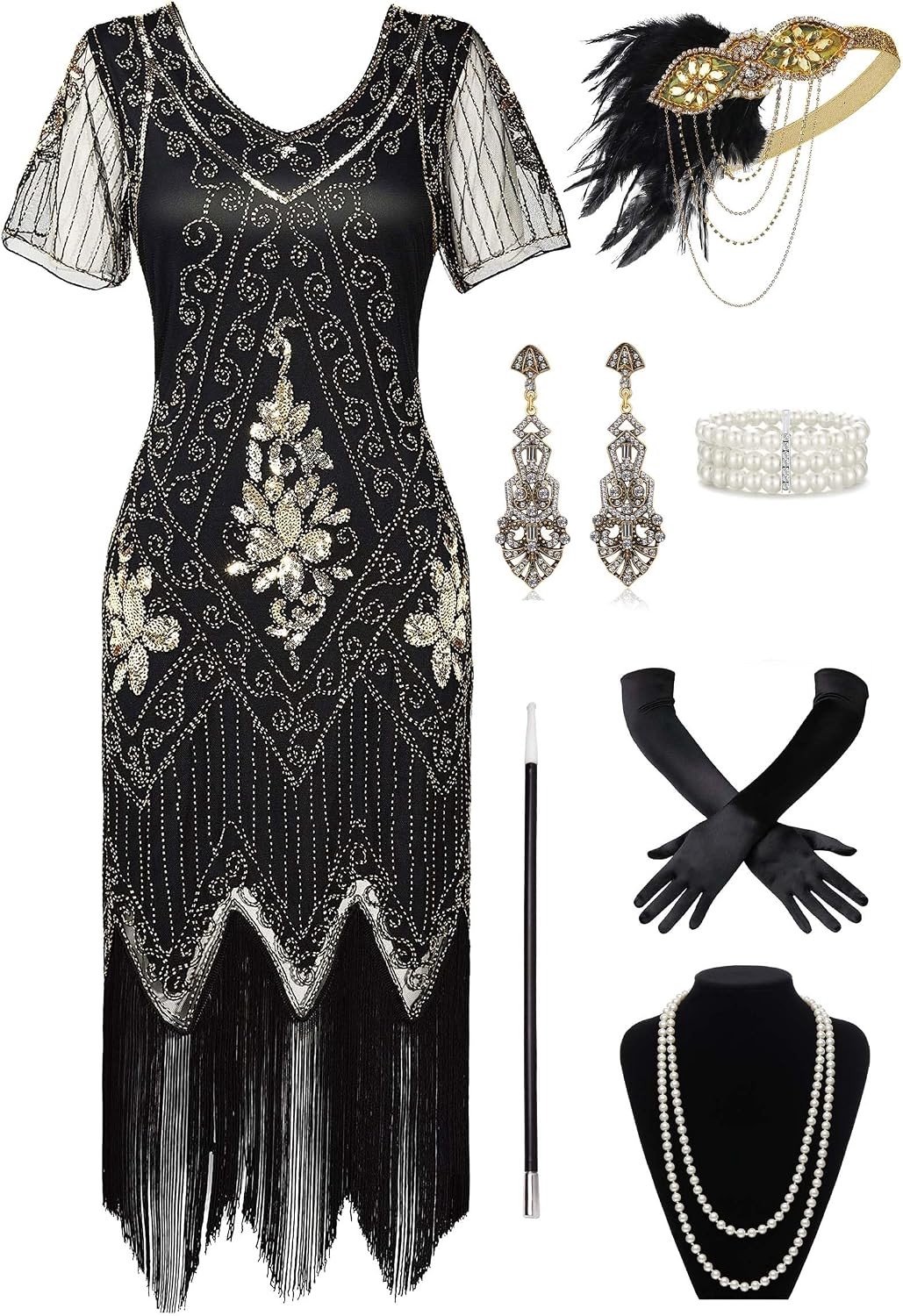Flapper Jurk - Zwart Goud - XXL - Pailletten Avondjurk met V-hals - Voor Jaren '20 Feest