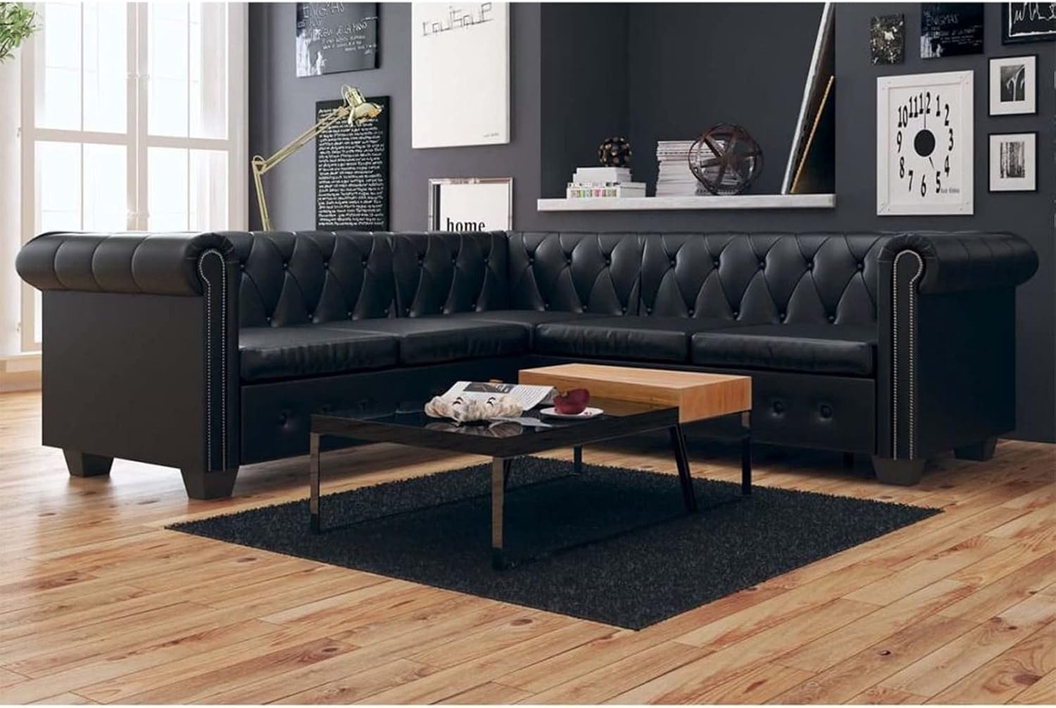 Hoekbank, woonkamerbank, met houtstructuur, voor thuis of op kantoor, luxueuze en klassieke stijl, kunstlederen bekleding, 5-zits kunstleer, zwart