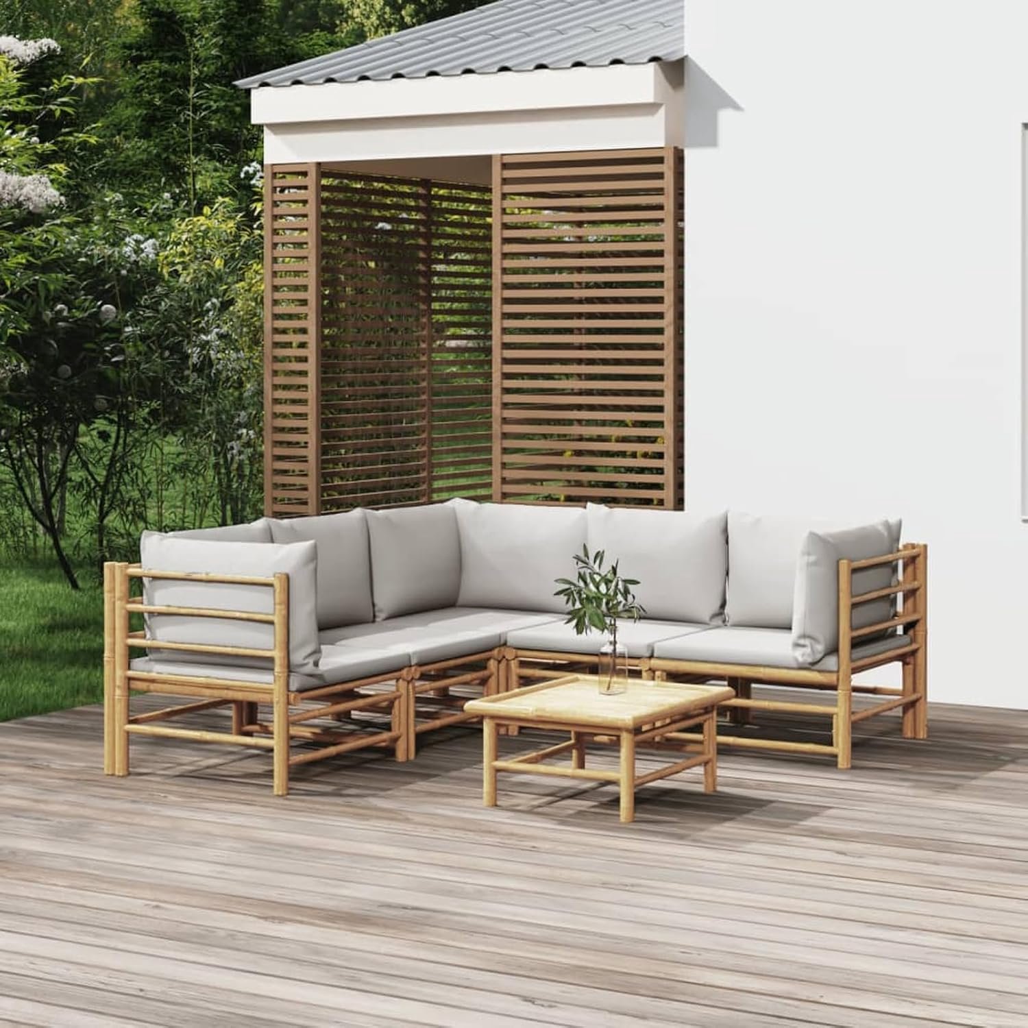 Tuinmeubelen voor buiten, 6 stuks, tuinbank, stoel, tafel voor buiten, terras, bamboe en kussens, 3 x hoek + 2 x centrale + tafel in lichtgrijs