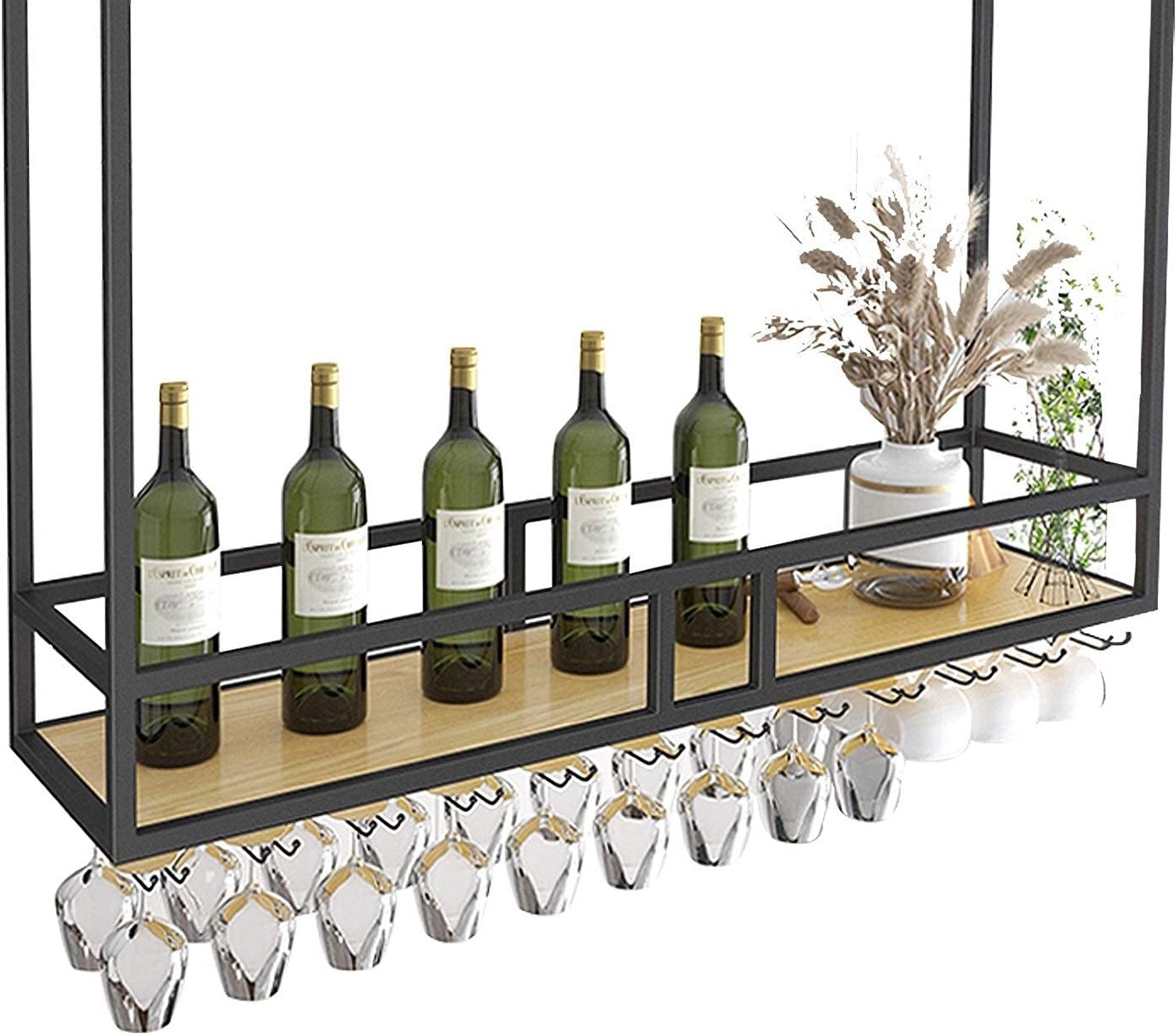 Industrieel Plafondwijnrek 1 Niveau met Vangrail Zwevende Planken voor Restaurant Hangende Installatie voor Bar/Keuken/Eetkamer Decoratie Opbergrek (Zwart 100 * 30 * 80cm)