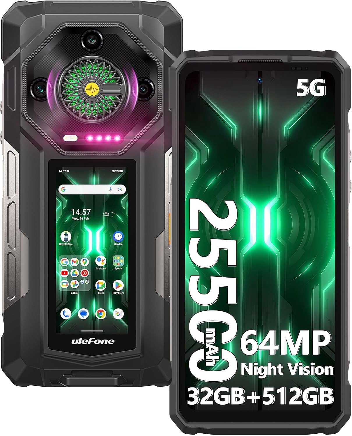 Robuuste 5G Smartphone met Dubbel Scherm, 22500 mAh Batterij, 32GB + 512GB Opslag, Dimensity 7300X, 6.95 Inch FHD+ 120Hz en 50MP + 64MP + 32MP Camera's met Android 14