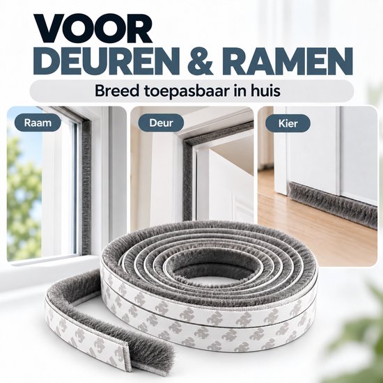 Grijze zelfklevende tochtborstelstrip voor gebruik op deuren en ramen.