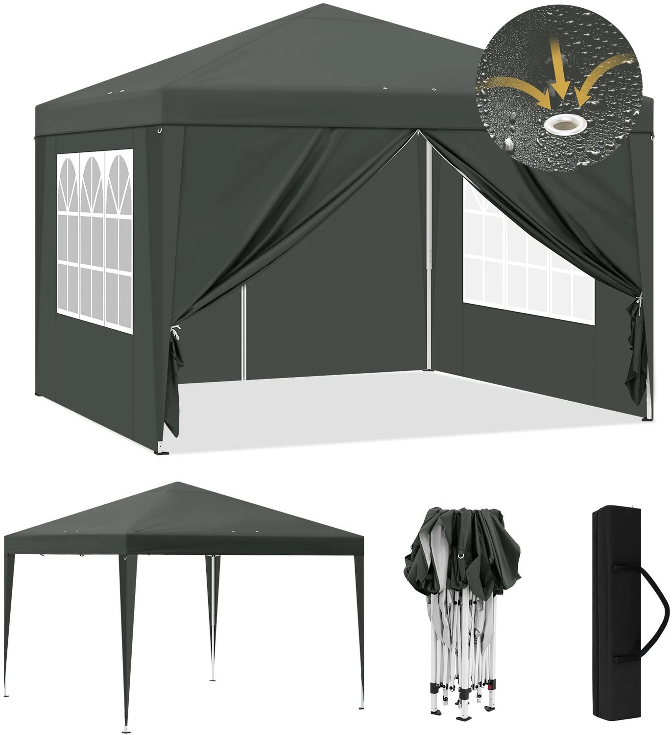 D&J Partytent 3x3 m - UV- en spatbestendigd - Met zeilen - Inclusief draagtas - Winterbestendig - Grijs - Kamperen - Tuin