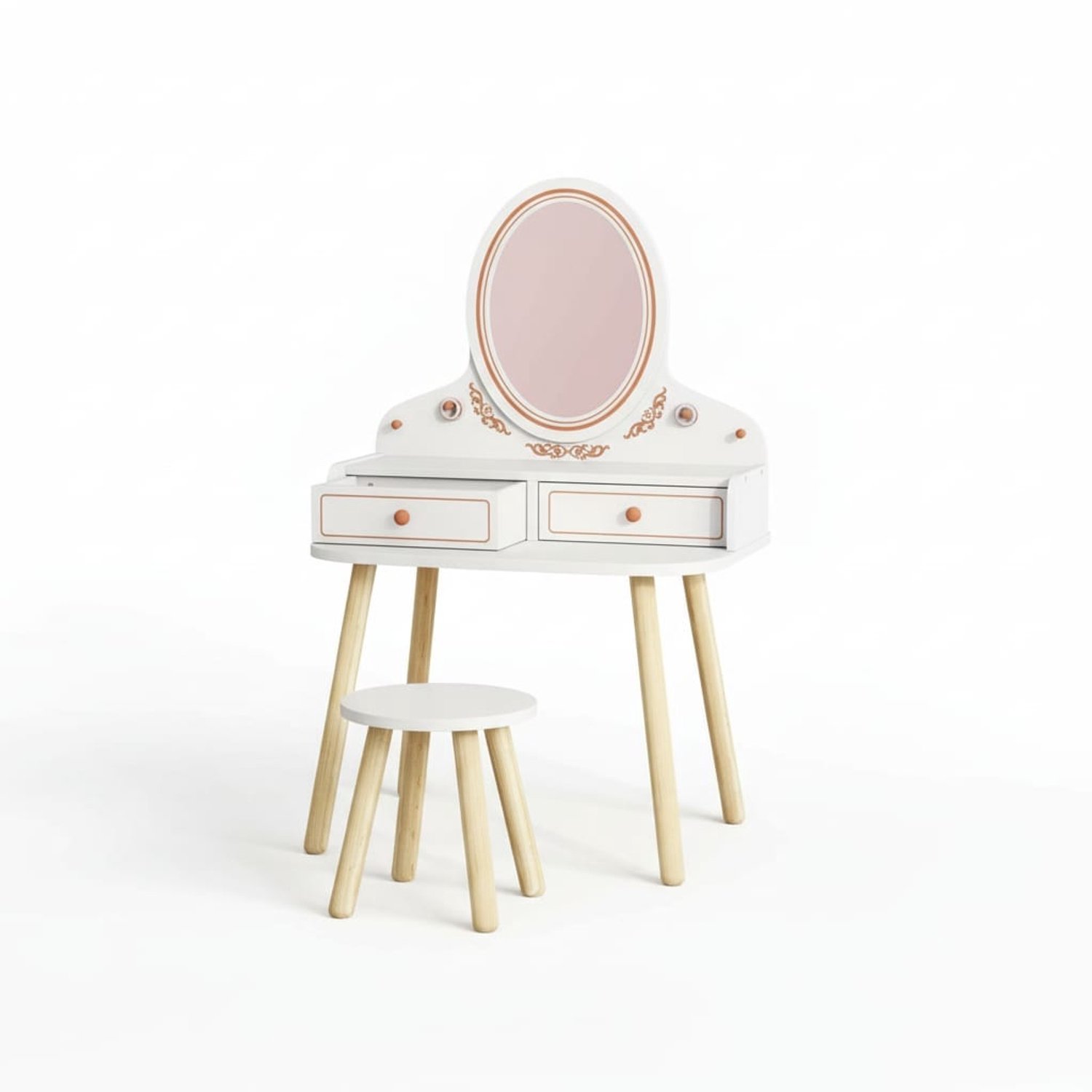 Klarven Kaptafel Kinderen - Kinderkaptafel - Meisjeskaptafel - Speeltafel Met Spiegel En Kruk - Kids Dressing Table - 2 Laden, Ovale Spiegel, Bijpassend Krukje wit met roségoud