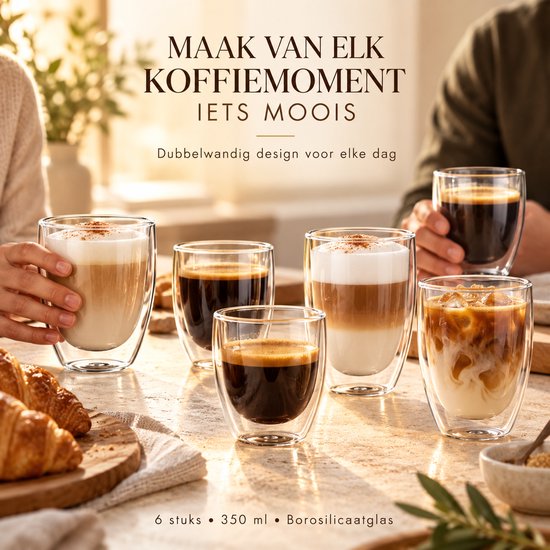 Dubbelwandige Koffieglazen Set van 6 - Theeglazen 350 ml - Borosilicaatglas - Dubbelwandige Theeglazen — cadeau in Koken & Dineren - foto 7