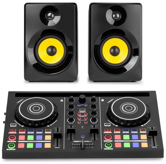 Vonyx Loop200 DJ-controller met twee zwarte actieve luidsprekers met gele woofers.