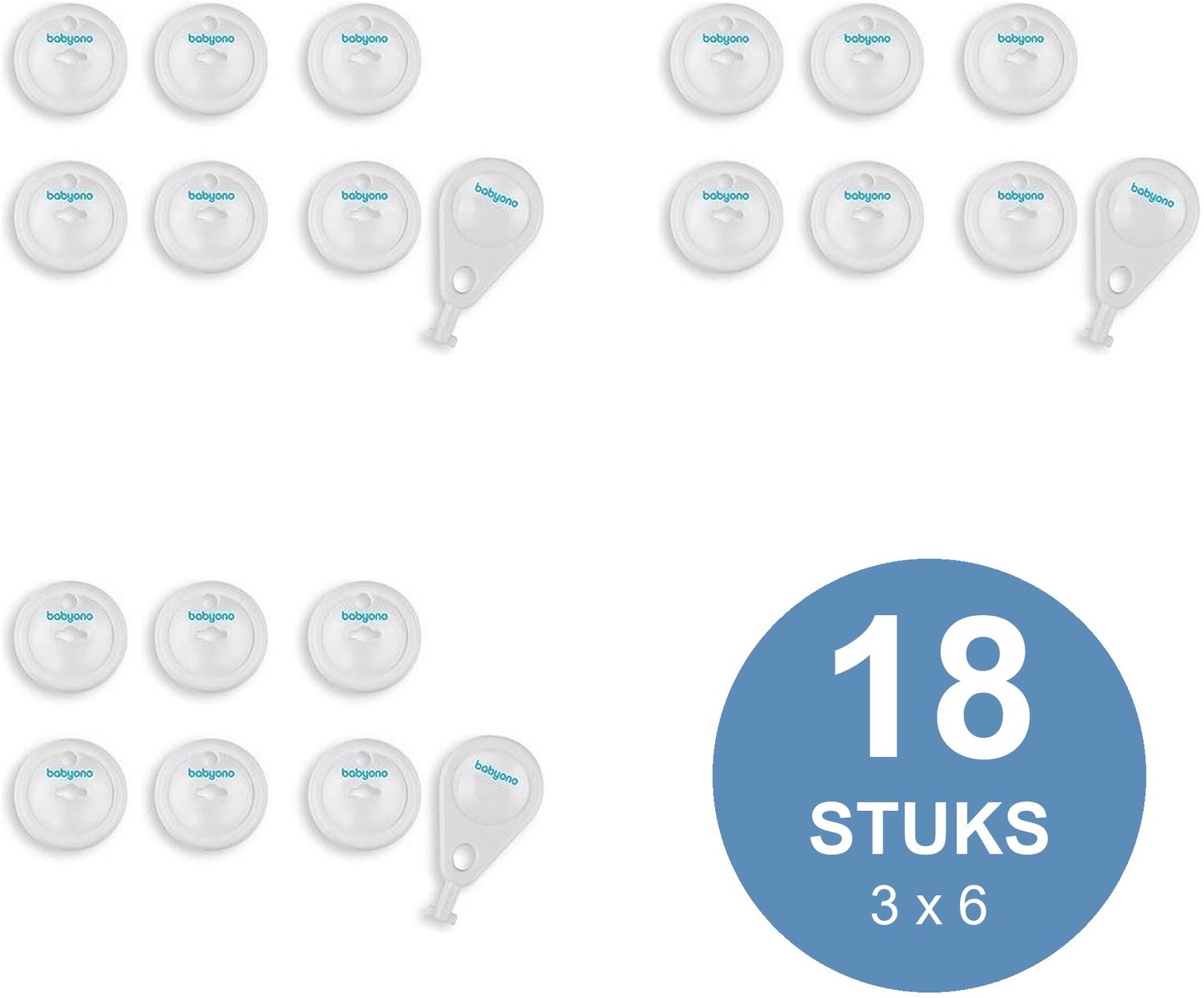 BabyOno Stopcontactbeveiliging met Sleutel - Voordeelverpakking 18 Stuks (3 x 6) - Draaislot voor Geaarde en Ongeaarde Stopcontacten - Kinderbeveiliging - Wit