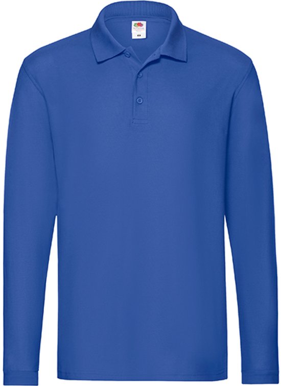 Koningblauw poloshirt met lange mouwen, kraag en knoopsluiting van Fruit of the Loom.