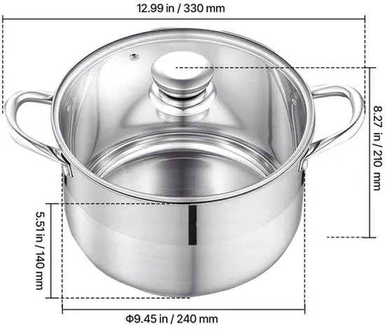 Roestvrijstalen soeppan met afmetingen: 330 mm breed, 210 mm hoog.