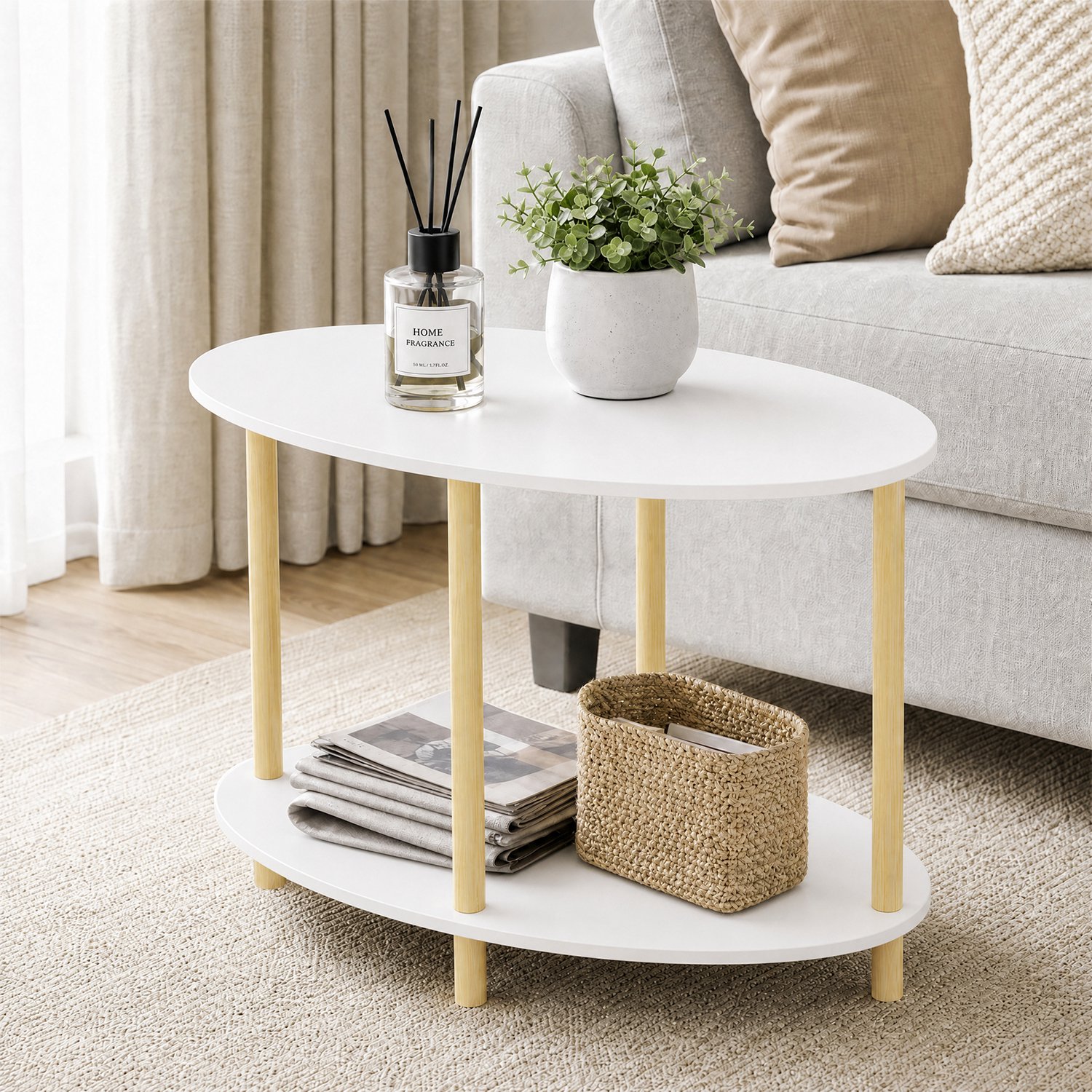 PIPIPOXER Ronde Salontafel -Dubbele laag- Kleine Salontafel- Woonkamer Bijzettafel - Tafel - Bijzettafels -70 x 40 x 43 cm - Wit