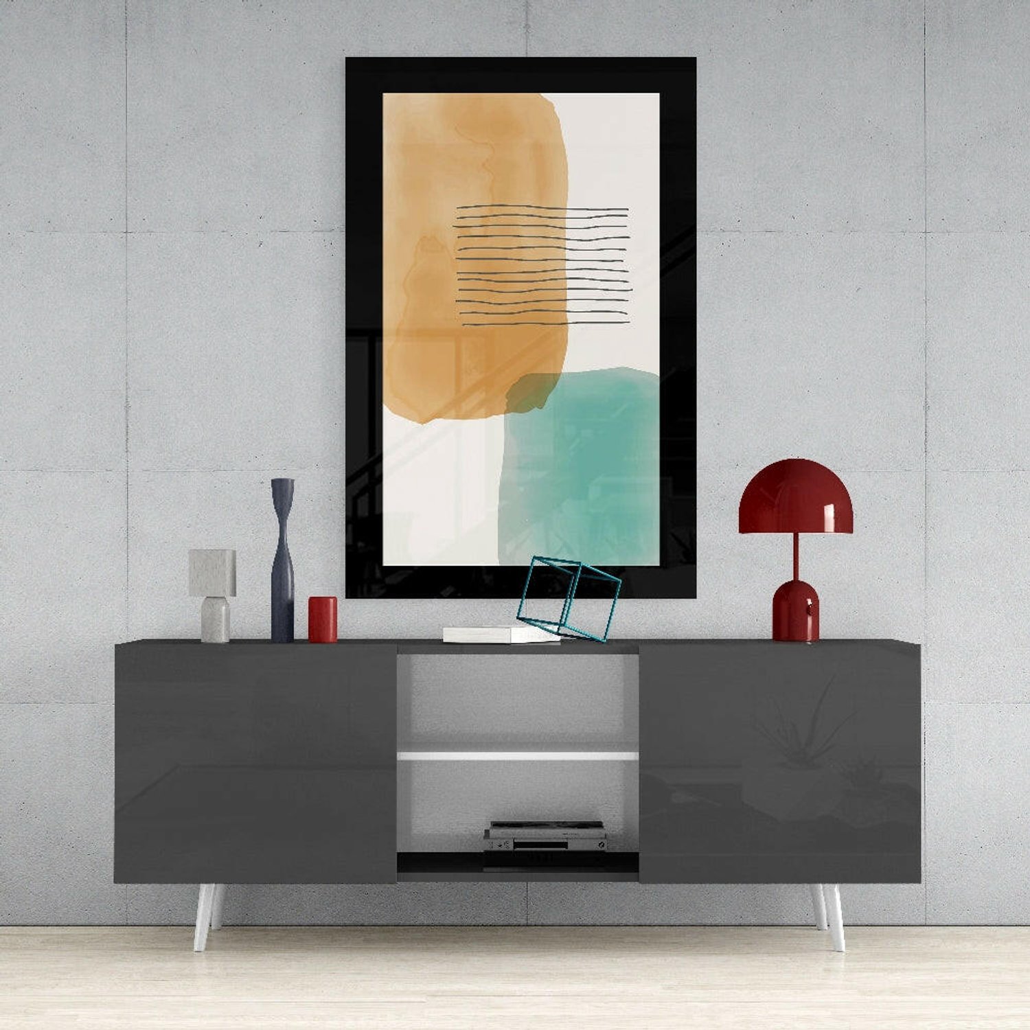 Glasschilderij – Oker-Turquoise Wassing met Strepen – Artistieke Wanddecoratie
