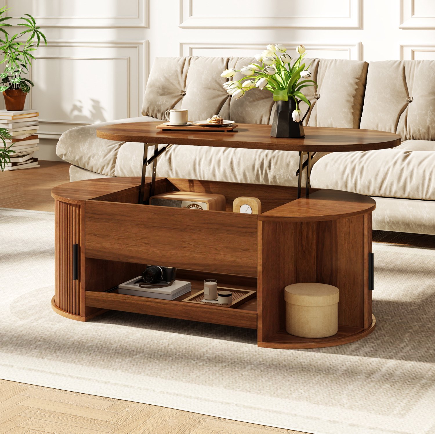 CHICFURN Salontafel - Hefbaar - Schuifdeuren - Walnoot