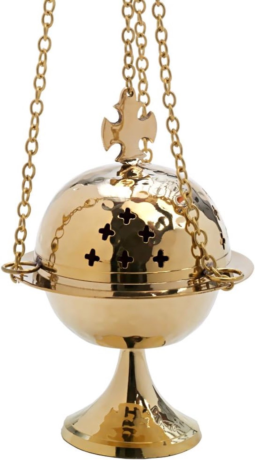 Messing Rookvat Goud met Kruis en Ketting - 52 cm