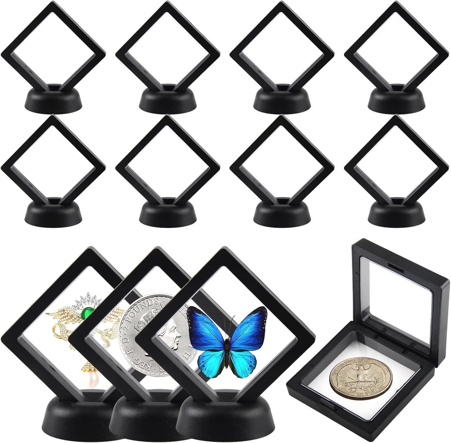 Set van 12 Drijvende Display Cases met Ronde Basis en Elastische PE Film voor Munten, Sieraden, Medailles en Armbanden - Zwart, 7 x 7 cm, Stofdicht en Decoratief