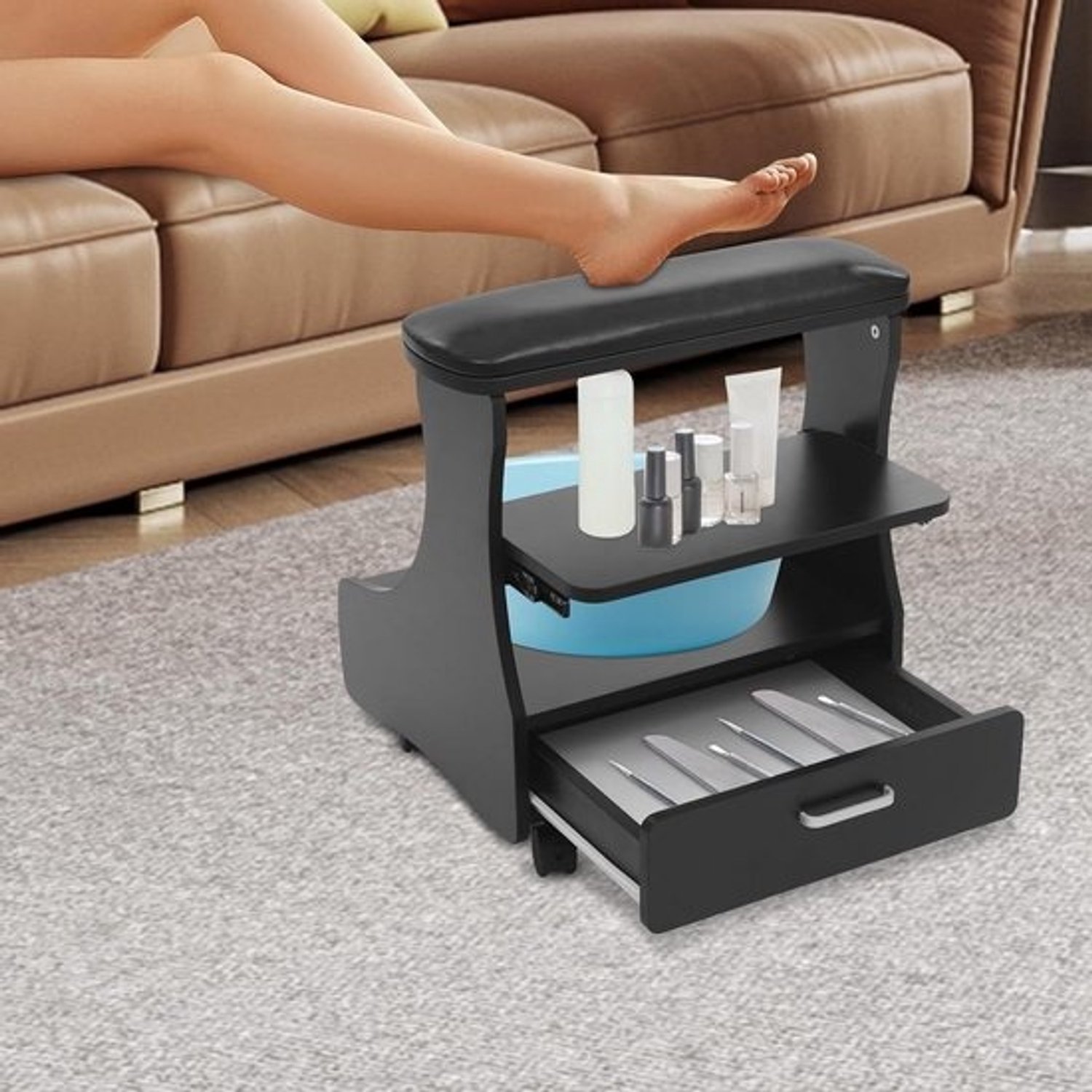 Pedicurevoetensteun - Voetenkruk voor manicure - Voor salongebruik - Met wielen - 52 x 41 x 53.5 cm - Zwart
