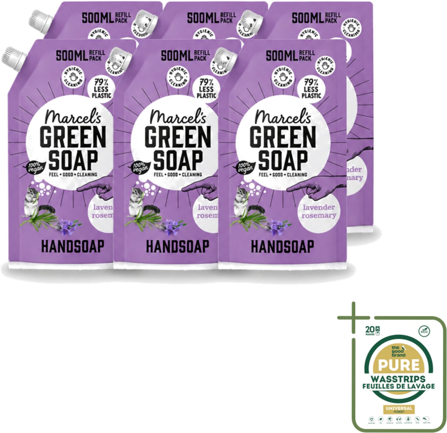 6 x Marcel’s Green Soap – Handzeep Navulling – Lavendel & Rozemarijn – 500 ml - Wasstrips - Handzeep - Natuurlijke Handzeep - Handzeep Lavendel - Handzeep Rozemarijn - Handzeep Navulling