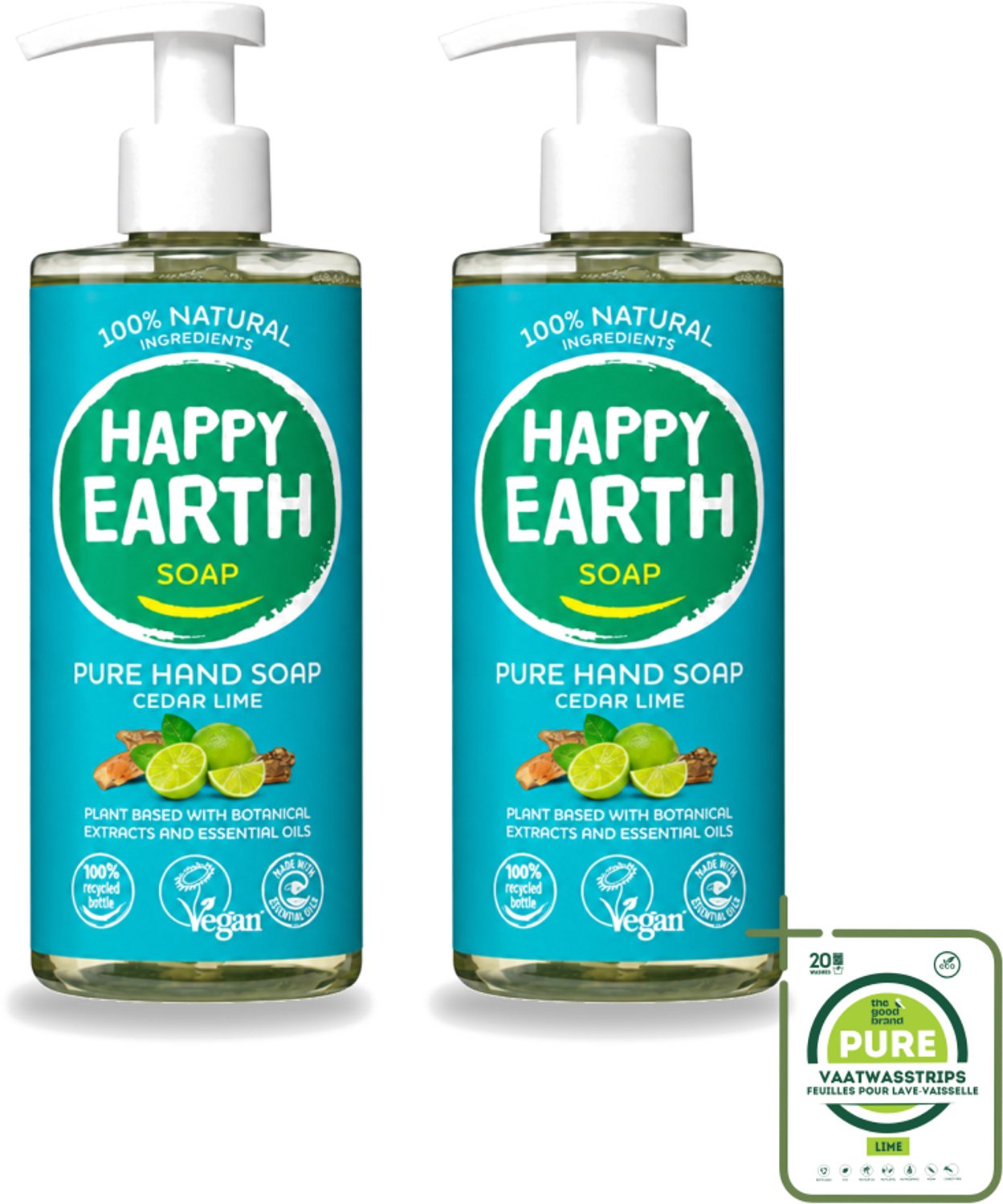 2 x Happy Earth – Handzeep – 100% Natuurlijk Cedar Lime – 300 ml - Grootverpakking - Vaatwasstrips - Natuurlijke Handzeep - Vegan Handzeep - Ceder En Limoen - Handzeep Met Essentiële Oliën - Antibacteriële Handzeep