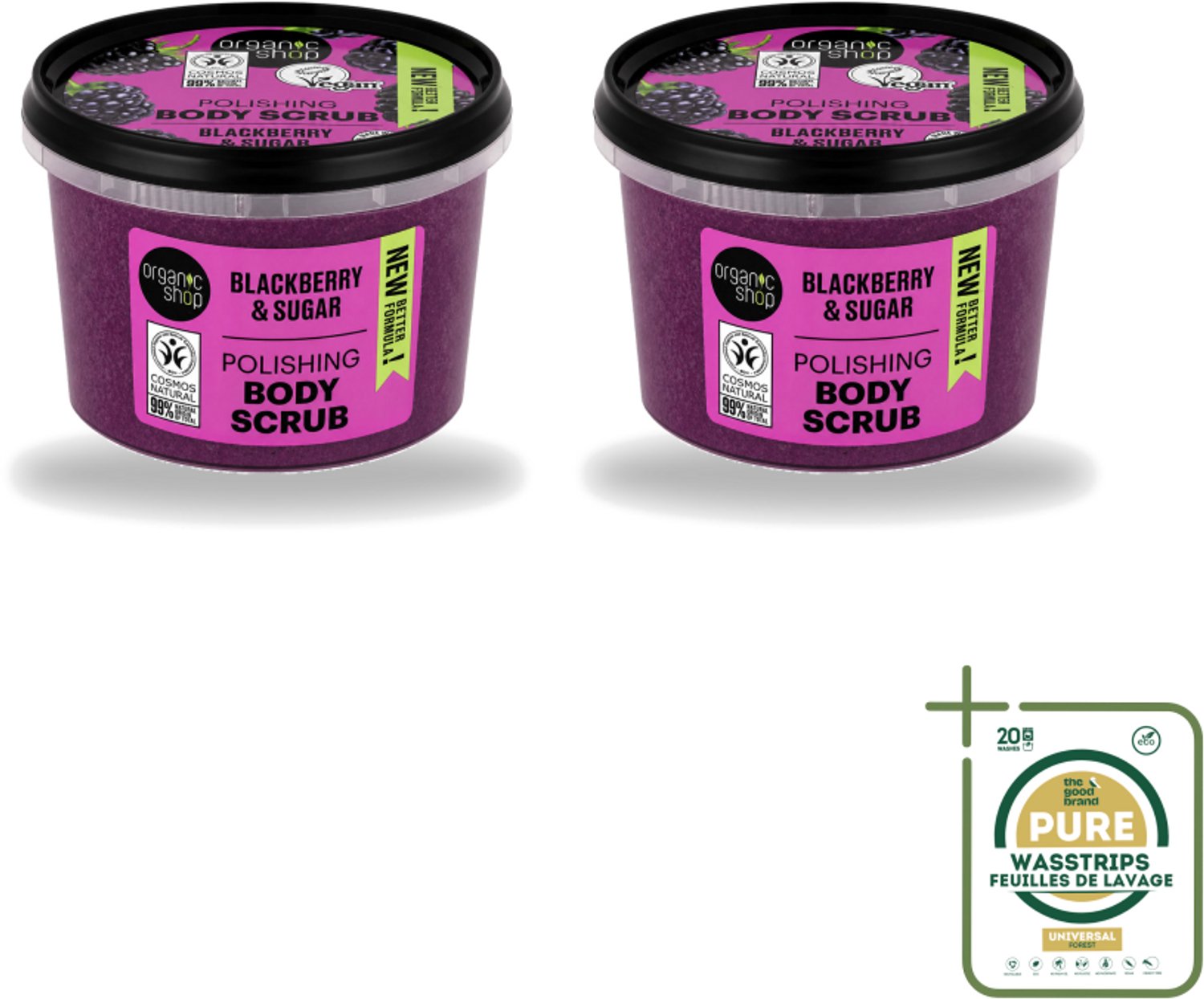 2 x Organic Shop - Body Scrub Blackberry - Verfrissend en Hydraterend - 250 ml - Wasstrips - Bodyscrub - Exfoliatie - Huidverzorging - Natuurlijke Peeling - Organische Peeling