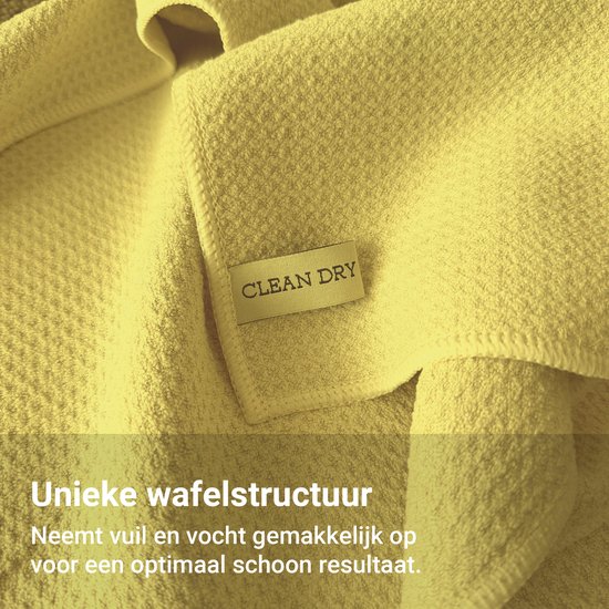 Close-up van de gele Clean Dry microvezeldoek met een unieke wafelstructuur.