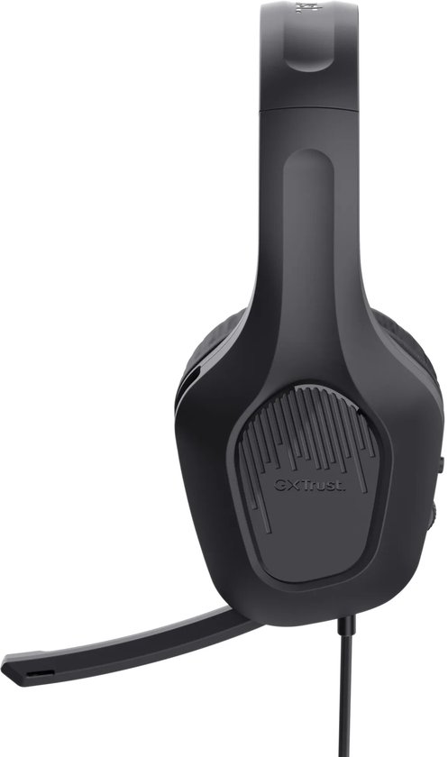 Zijkant van de zwarte Trust GXT 415 Zirox gamingheadset met microfoonarm en GXT-logo op de oorschelp.