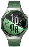 Rechtopstaand aanzicht van een groene smartwatch met zilveren kast en display met 10:08, vrijdag 18 en skigegevens.