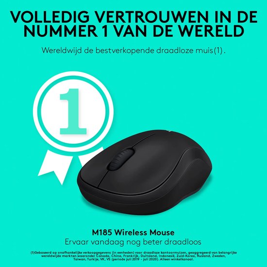 Promotie voor de M185 muis: Nummer 1 bestverkochte draadloze muis wereldwijd.