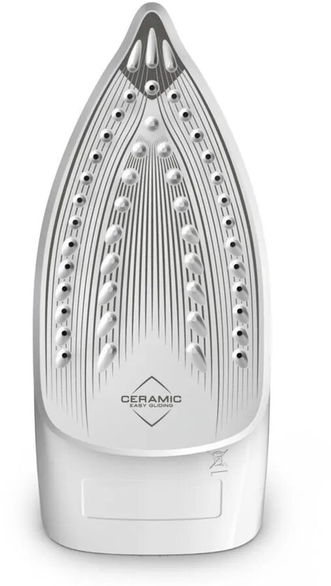 Witte keramische strijkzool van het Tefal Virtuo 30 strijkijzer met 'CERAMIC EASY GLIDING' tekst.
