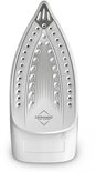 Witte keramische strijkzool van het Tefal Virtuo 30 strijkijzer met 'CERAMIC EASY GLIDING' tekst.