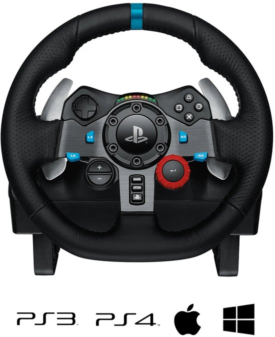 Racestuur met logo's voor PS3, PS4, Apple en Windows voor compatibiliteit.