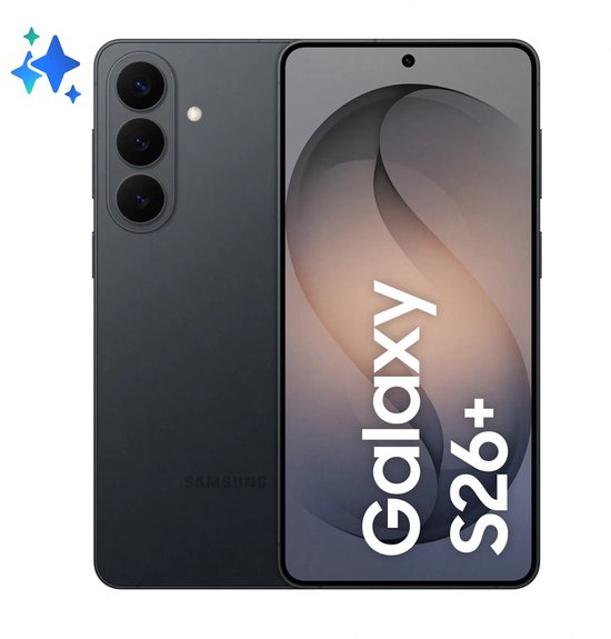 Zwarte Samsung Galaxy S26+ getoond van voor en achter met tekst Galaxy S26+ op het scherm.