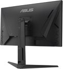 Schuin achteraanzicht van de zwarte ASUS TUF Gaming-monitor met merknaam op de achterkant.