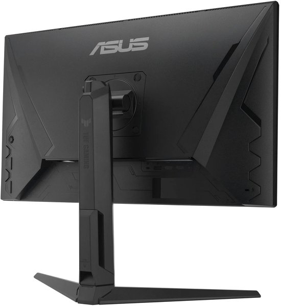 Schuin achteraanzicht van de zwarte ASUS TUF Gaming-monitor met merknaam op de achterkant.