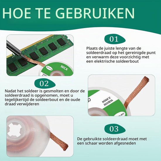 Desoldering Braid Set van 5 Stukken, Koper Soldering Wick, Ideaal voor het Verwijderen van Lood en Solderen, 0.3 cm en 3 mm Breed, Professionele Soldering Tools en Accessoires — afbeelding 3