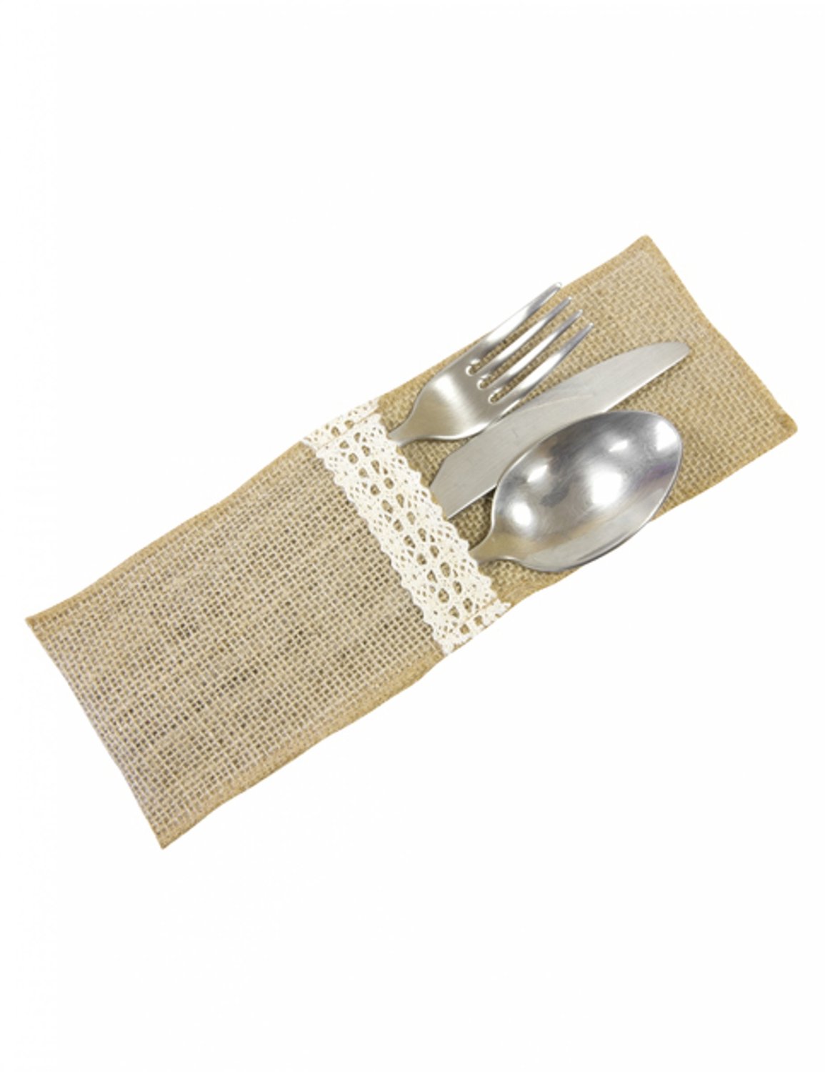HOBI - 4 bestekhouders jute-effect en wit kant 8,5 x 24,5 cm
