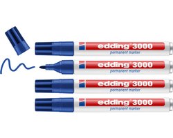 edding 3000 permanent marker - blauw - 4 stiften - ronde punt 1,5-3 mm - water en wrijfvast - voor karton, kunststof, hout, metaal, etc. - alcohol markers voor volwassenen