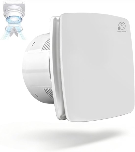 Strakke, witte vierkante badkamerventilator met ingebouwde vochtigheidssensor.