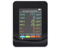 6-in-1 Luchtkwaliteitsmeter – Detecteert PM2,5, PM10, TVOC en CO2 – Meter voor luchtvervuiling binnenshuis – Digitaal display met realtime weergave – Eenvoudig in gebruik – Geschikt voor thuis, kantoor en woonkamer – Wit