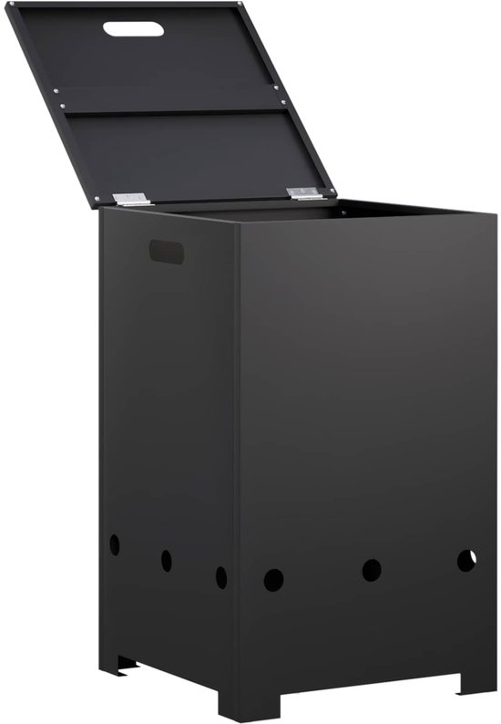 Zwarte stalen gasflesombouw met het deksel in halfopen positie.