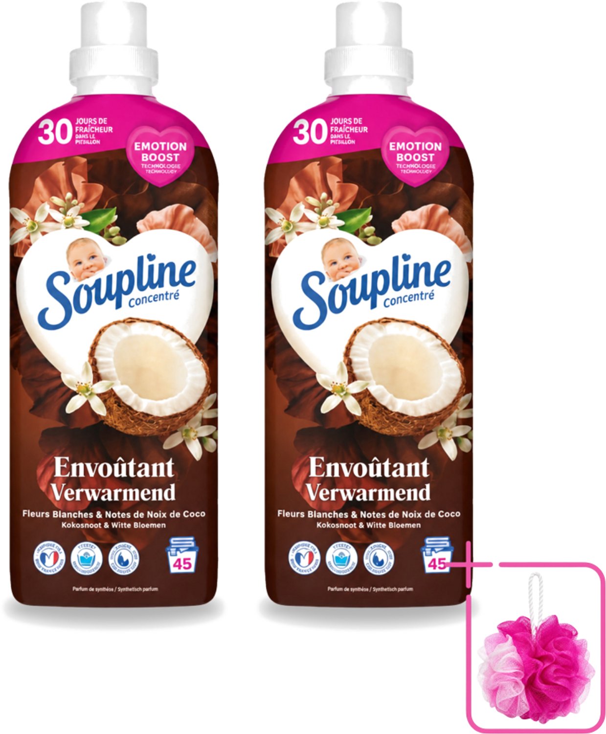 2 x Soupline – Wasverzachter – Verwarmende Kokosnoot & Witte Bloemen – 950 ml - Bulkverpakking - Wasverzachter - Douchemop - Kokosnoot