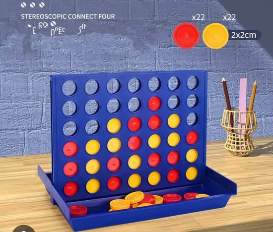 Stereoscopisch vier-op-een-rij spel, blauw bord met 22 rode en 22 gele fiches van 2x2cm.