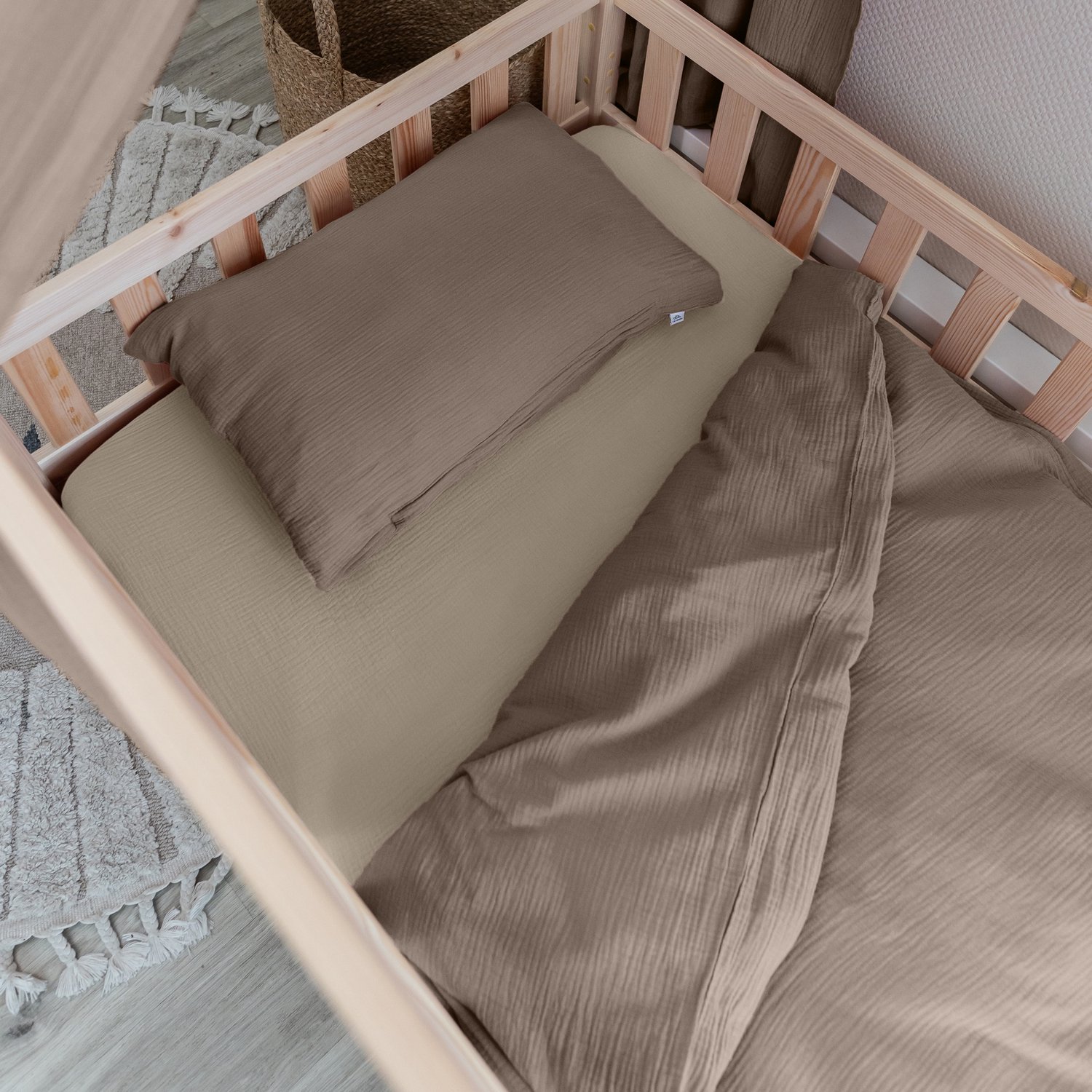 LILIMAUS Kinderdekbedovertrek 100 x 135 cm met kussensloop 40 x 60 cm - mousseline katoen - donkerbeige