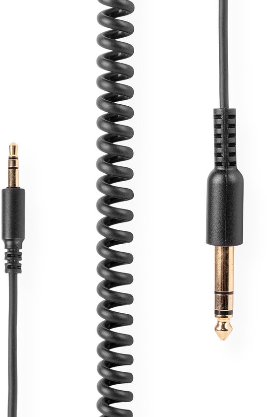 Zwarte spiraalkabel met een 3,5 mm jack aan het ene uiteinde en een 6,35 mm jack aan het andere.