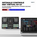 Vonyx Spin200 DJ-controller naast een laptop met de Virtual DJ LE software interface in beeld.