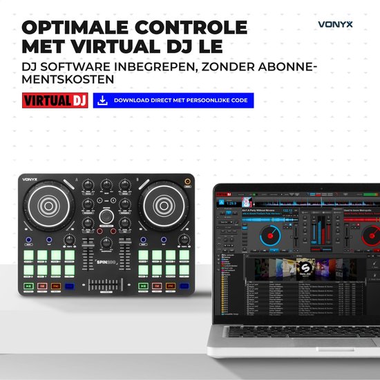 Vonyx Spin200 DJ-controller naast een laptop met de Virtual DJ LE software interface in beeld.