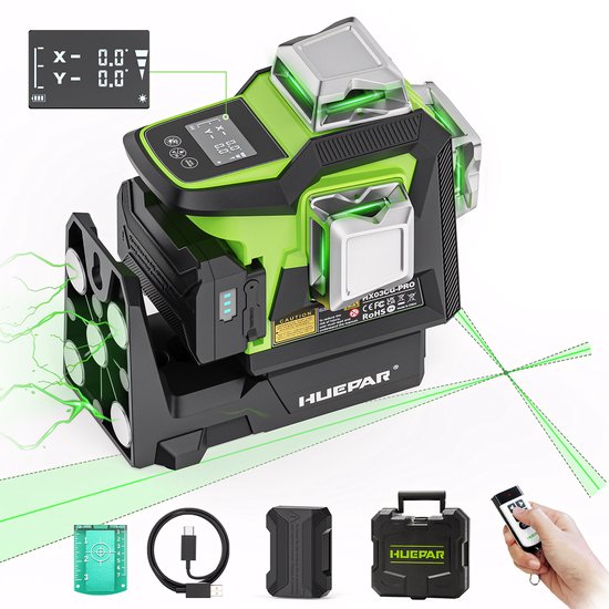 Groene Huepar HX03CG-PRO laser met LCD-scherm, USB-C kabel, oplaadbare accu en opbergkoffer.