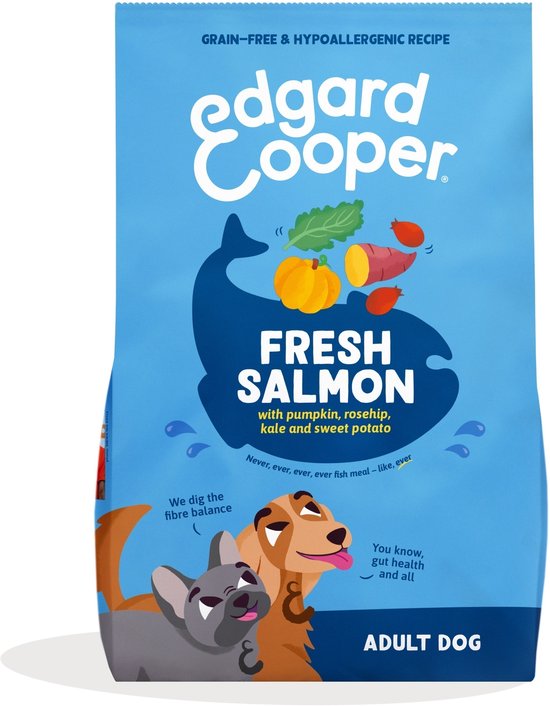 Lichtblauwe zak Edgard & Cooper hondenvoer met zalm, pompoen, rozenbottel, boerenkool en zoete aardappel voor volwassen honden.